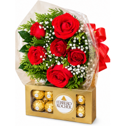 Buquê Europeu 06 Rosas + Ferrero 8 Bombons